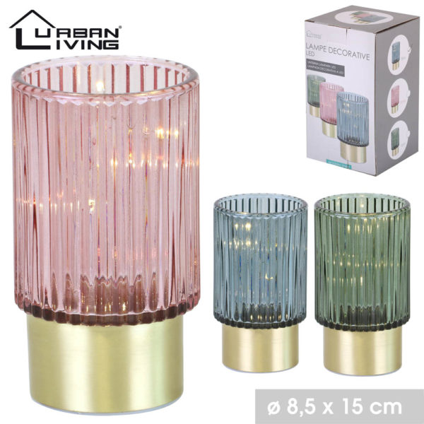 lampe en verre coloré avec socle en métal doré et ampoule Led